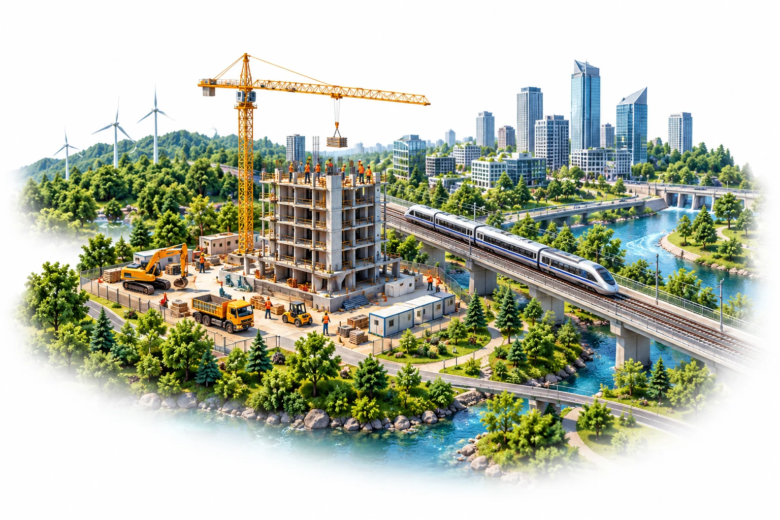 Illustration of construction, rail transport and a growing city