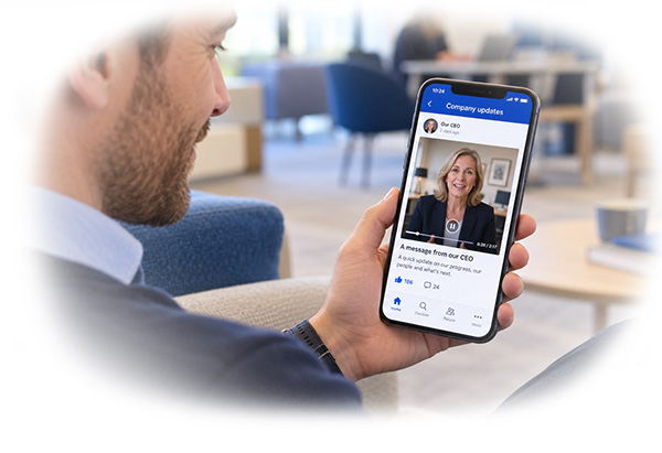 Office worker watching a CEO video update on a mobile employee communications platform